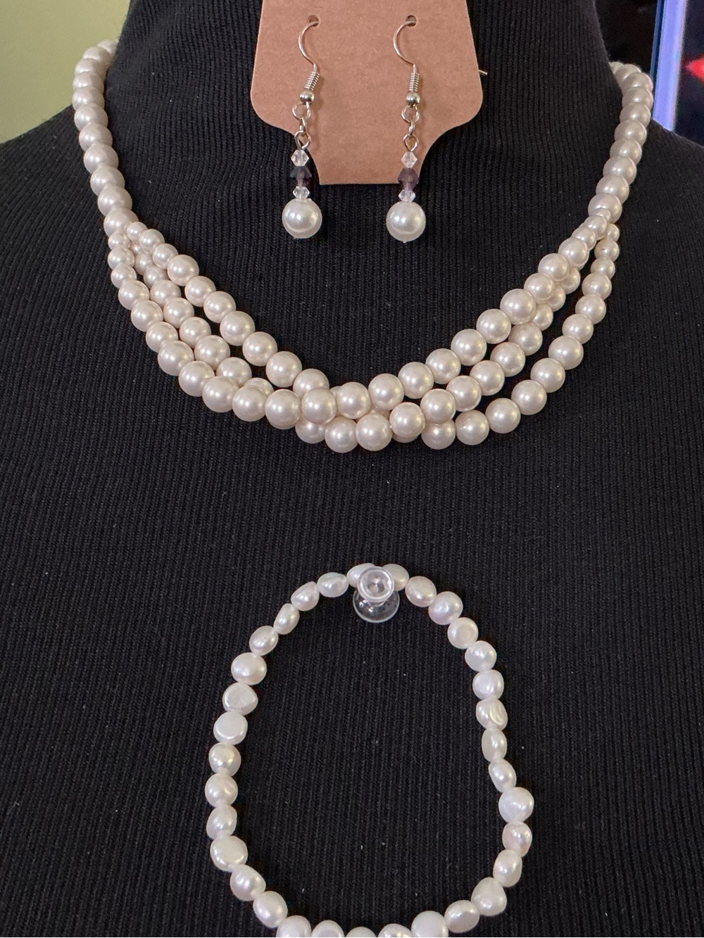 NWT J. Crew Ivory Pearl Necklace with Matching Real Pearls Bracelet & Earrings